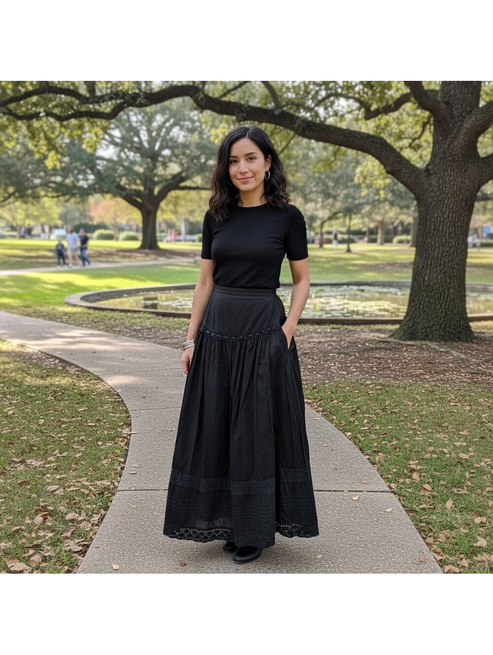 1755 - Valerie Stevens Black Cotton Midi Skirt with Lace Trim Size 6